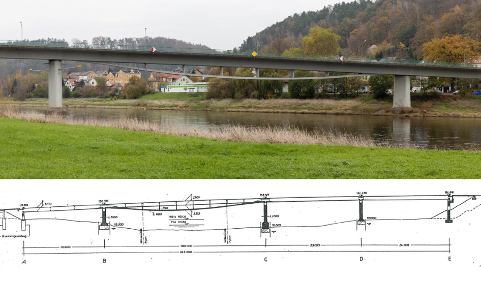 Elbebrücke in Bad Schandau als Foto und die Planungszeichnung im Vergleich