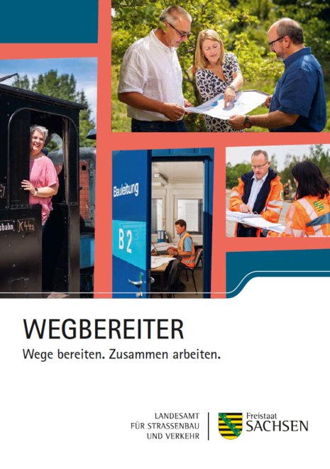 Cover der Wegbereiter-Broschüre mit Beschäftigten des LASuV in ihren Aufgabengebieten