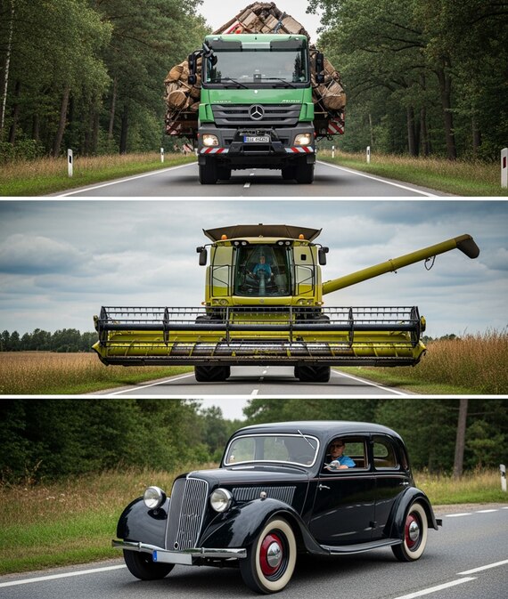 Das Bild ist dreigeteilt. Ganz oben ein LKW, in der Mitte ein Mähdrescher und unten ein Oldtimer. Alle fahren jeweils auf einer Straße mit Bäumen