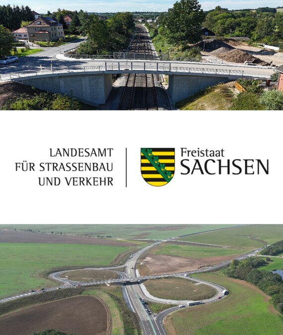 dreigeteiltes Bild: ganz oben eine Brücke über Bahngleise, in der Mitte das Logo des LASuV, unten ein Drohnenbild einer neugebauten Auffahrt zu einer neuen Staatsstraße