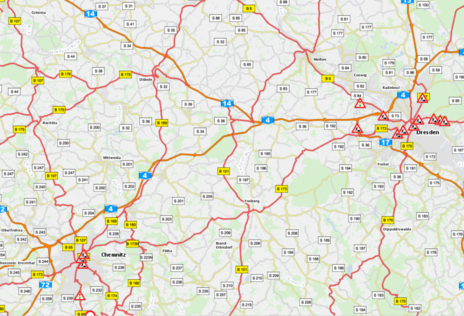  Das Bild zeigt das Baustelleninformationssystem Sachsen mit den Baustellen im Freistaat